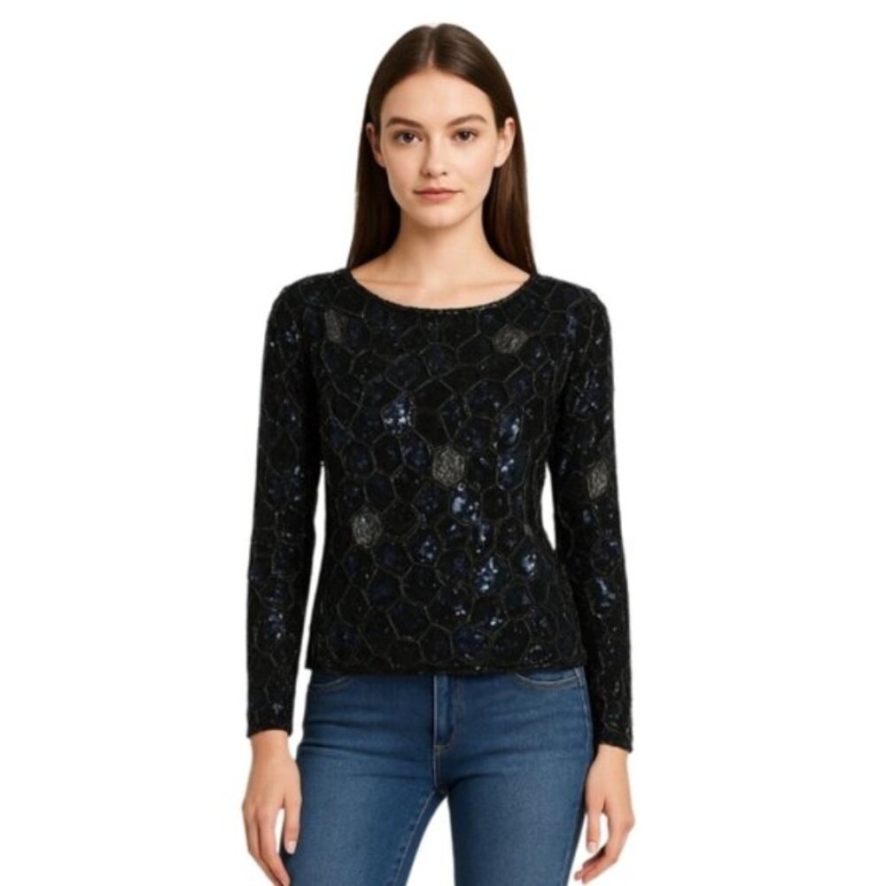 Swee lo Vintage Black Silk Sequin Beaded Long Sleeve Blouse